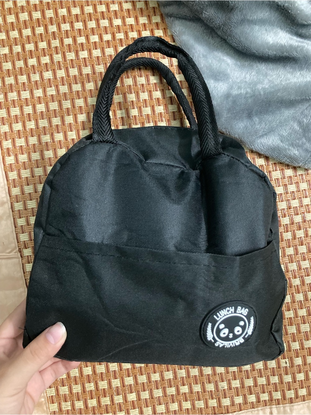 Black Lunch Bag Tote with Panda Patch